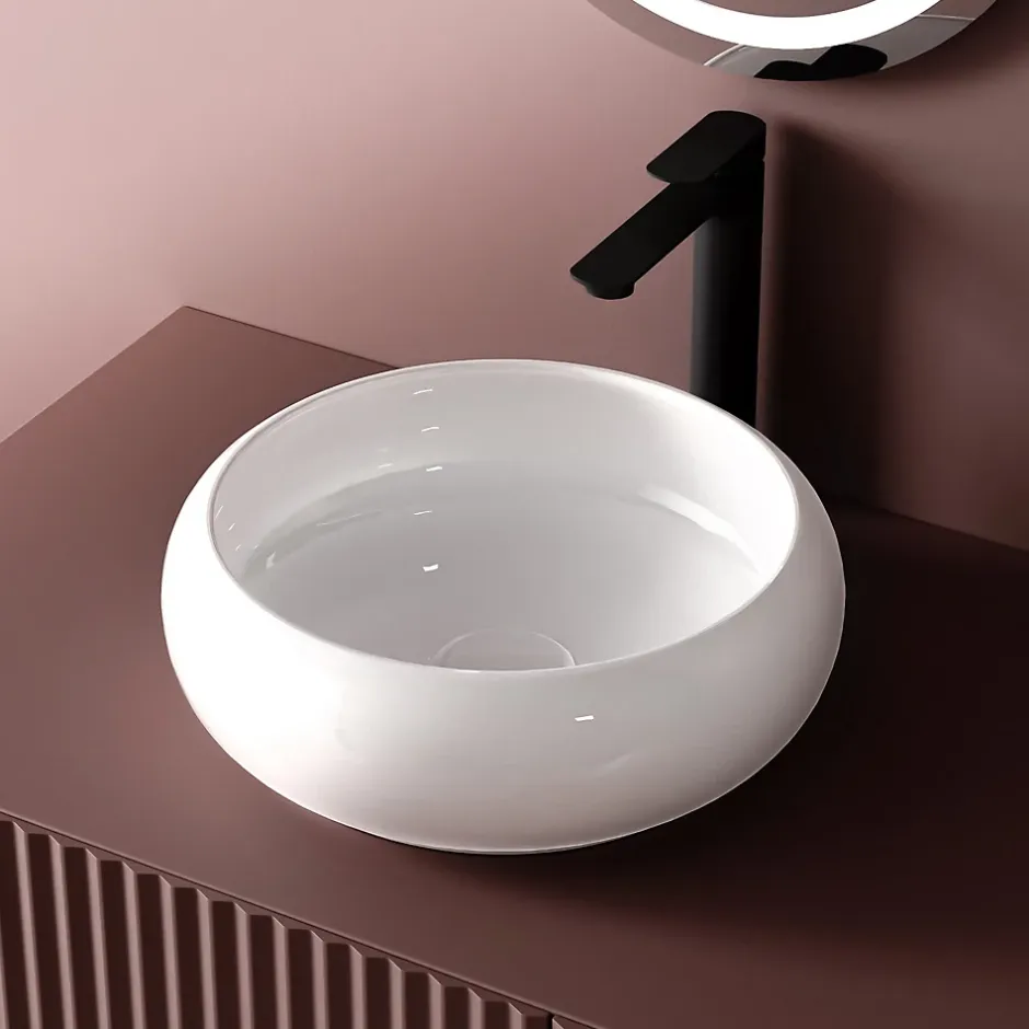 EMKE Vasque à Poser Ronde 360 x 360 x 120mm, Lavabo de Salle de Bain en Céramique, Montage sur Comptoir, Blanc Brillant
