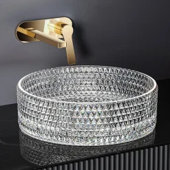 EMKE Vasque à Poser Ronde, 360 x 360 x 112 mm, Lavabo en Verre Transparent, Design Montage sur Comptoir