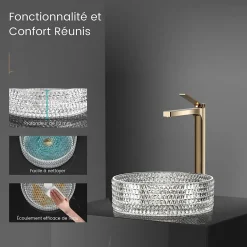 EMKE Vasque à Poser Ronde, 360 x 360 x 112 mm, Lavabo en Verre Transparent, Design Montage sur Comptoir