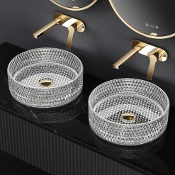 EMKE Vasque à Poser Ronde, 360 x 360 x 112 mm, Lavabo en Verre Transparent, Design Montage sur Comptoir