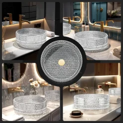 EMKE Vasque à Poser Ronde, 360 x 360 x 112 mm, Lavabo en Verre Transparent, Design Montage sur Comptoir