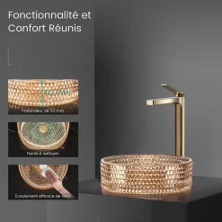EMKE Vasque à Poser Ronde, 360 x 360 x 112 mm, Lavabo en Verre Or rose, Design Montage sur Comptoir* Vasque À Poser