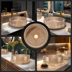 EMKE Vasque à Poser Ronde, 360 x 360 x 112 mm, Lavabo en Verre Or rose, Design Montage sur Comptoir* Vasque À Poser