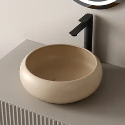 EMKE Vasque à Poser Ronde Incurvée 360 x 360 x 120mm, Lavabo de Salle de Bain en Céramique, Montage sur Comptoir, Beige mat* Vasque À Poser