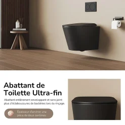 EMKE WC Suspendu Noir Mat en Céramique, Sans Bord, Double Chasse, Abattant UF Amovible Frein de Chute 360x365x490 mm* Wc Suspendu