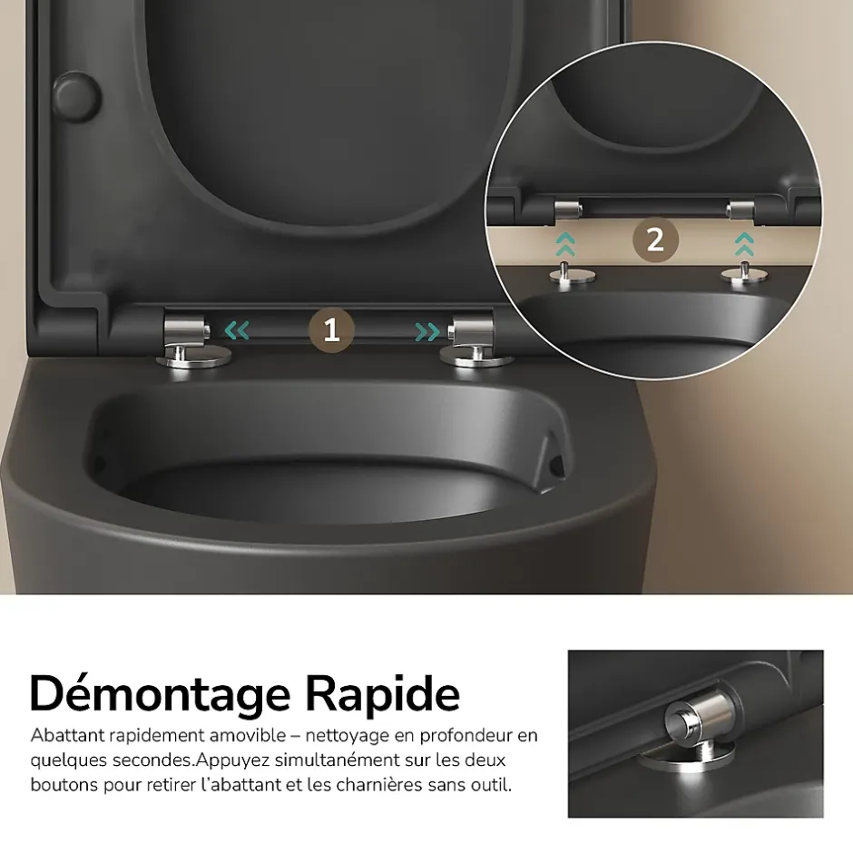 EMKE WC Suspendu Noir Mat en Céramique, Sans Bord, Double Chasse, Abattant UF Amovible Frein de Chute 360x365x490 mm* Wc Suspendu