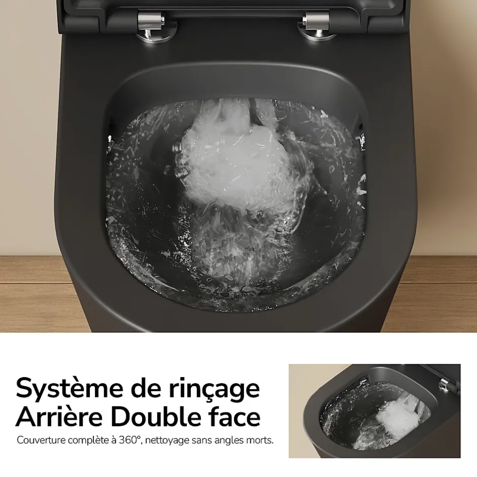 EMKE WC Suspendu Noir Mat en Céramique, Sans Bord, Double Chasse, Abattant UF Amovible Frein de Chute 360x365x490 mm* Wc Suspendu