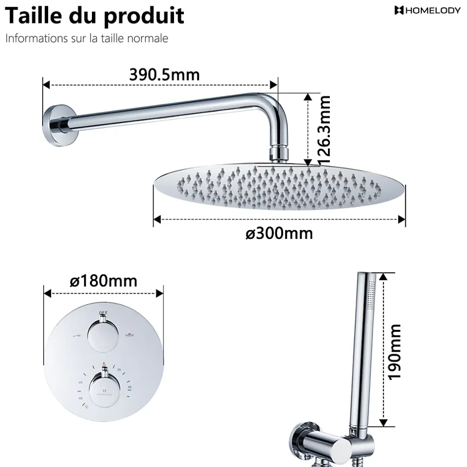 Homelody Encastré Colonne de Douche Thermostatique Système de Douche Rond Grande Douche de Tête Set de Douche Encastrée en Laiton Chromé