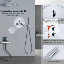 Homelody Encastré Colonne de Douche Thermostatique Système de Douche Rond Grande Douche de Tête Set de Douche Encastrée en Laiton Chromé