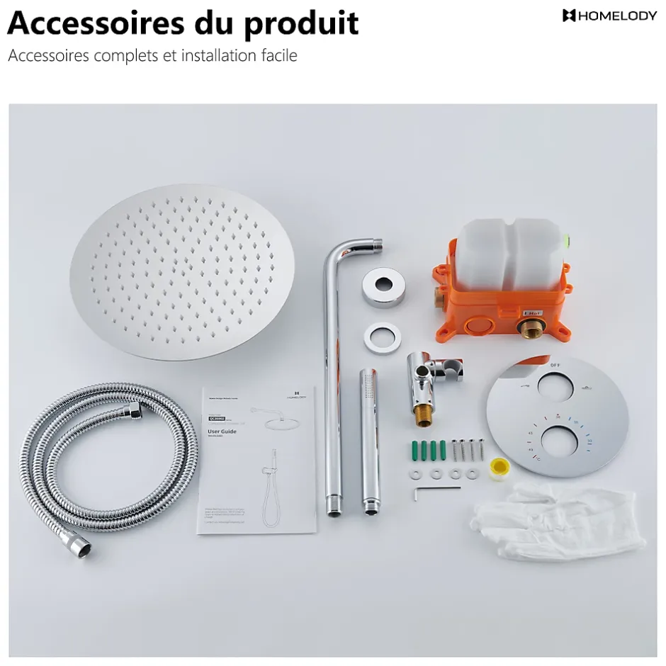 Homelody Encastré Colonne de Douche Thermostatique Système de Douche Rond Grande Douche de Tête Set de Douche Encastrée en Laiton Chromé