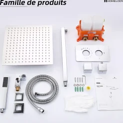 Homelody Encastré Colonne de Douche Thermostatique Système de Douche Grande Douche de Tête Set de Douche Encastrée en Laiton Chromé