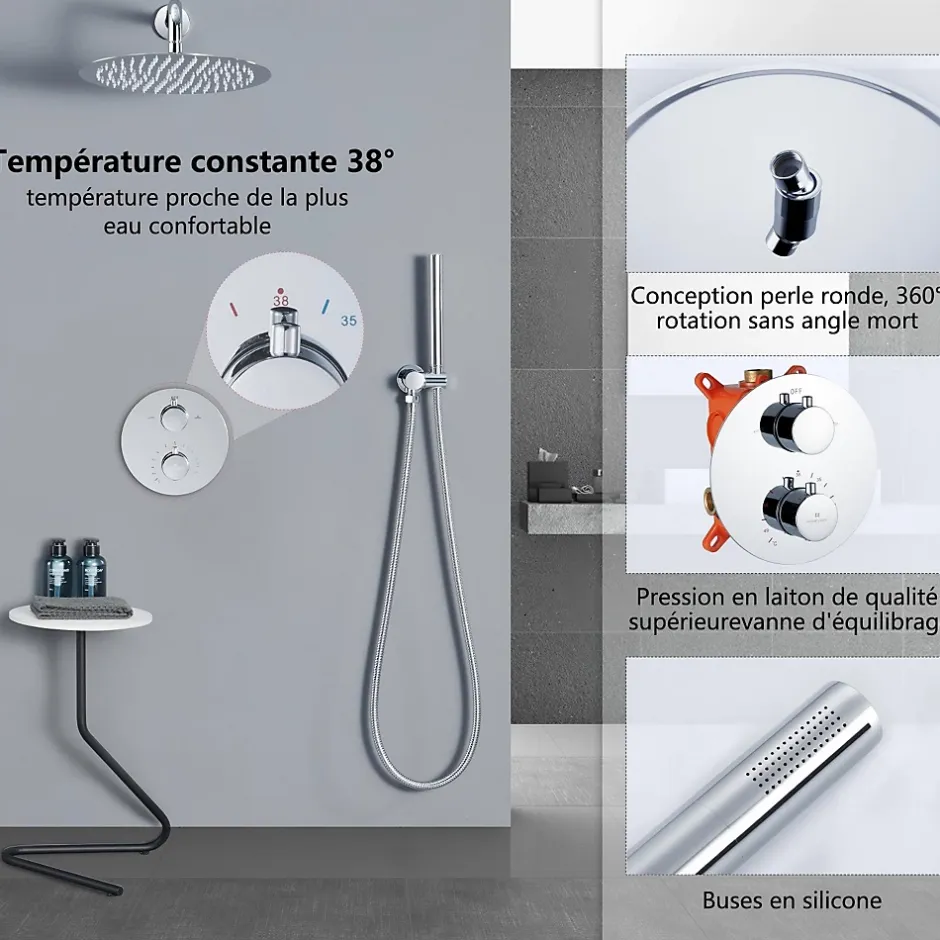 Homelody Encastré Colonne de Douche Thermostatique Système de Douche Rond Grande Douche de Tête Set de Douche Encastrée en Laiton Chromé* Colonne De Douche Encastrable
