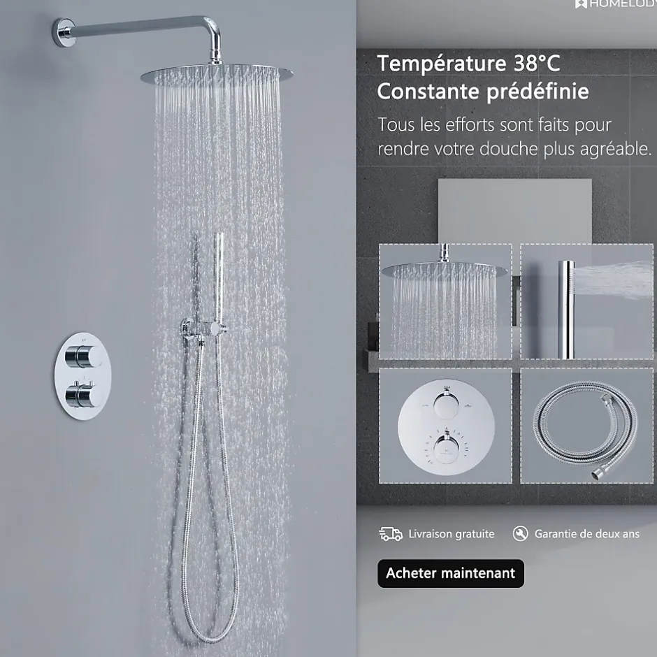Homelody Encastré Colonne de Douche Thermostatique Système de Douche Rond Grande Douche de Tête Set de Douche Encastrée en Laiton Chromé* Colonne De Douche Encastrable