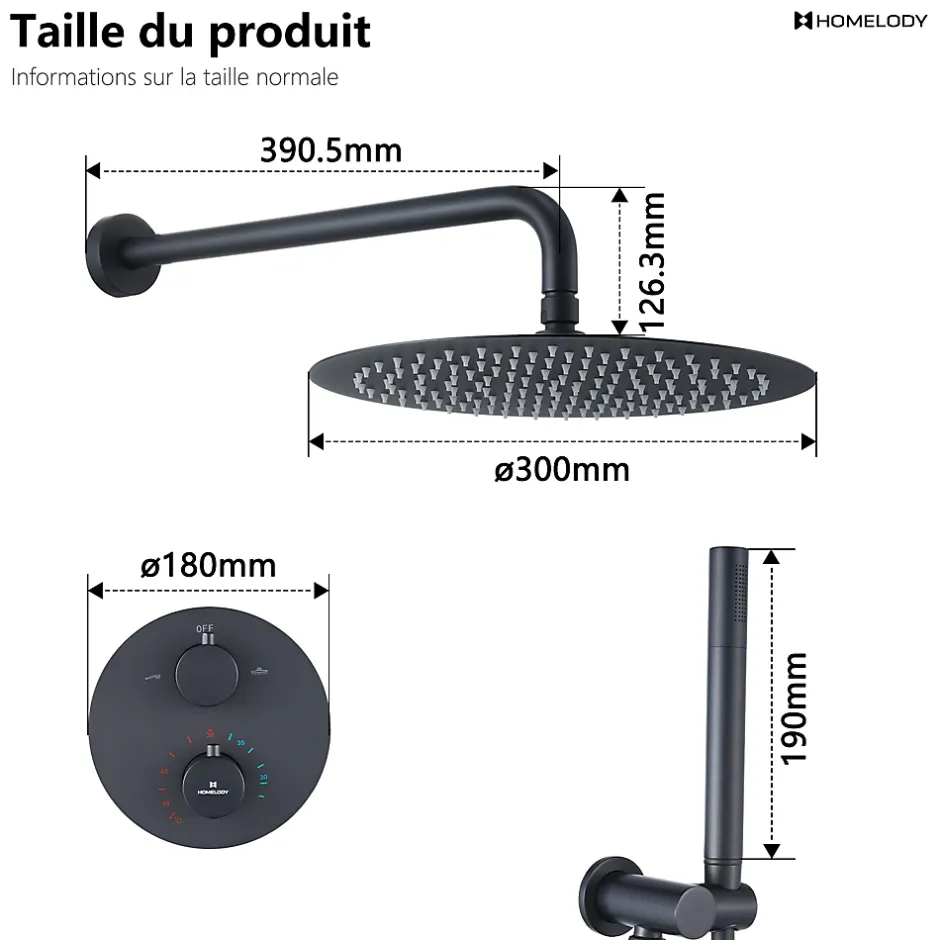 Homelody Encastré Ensemble de Douche Thermostatique Colonne de Douche Noir Système de douche Corps en Laiton* Colonne De Douche Encastrable