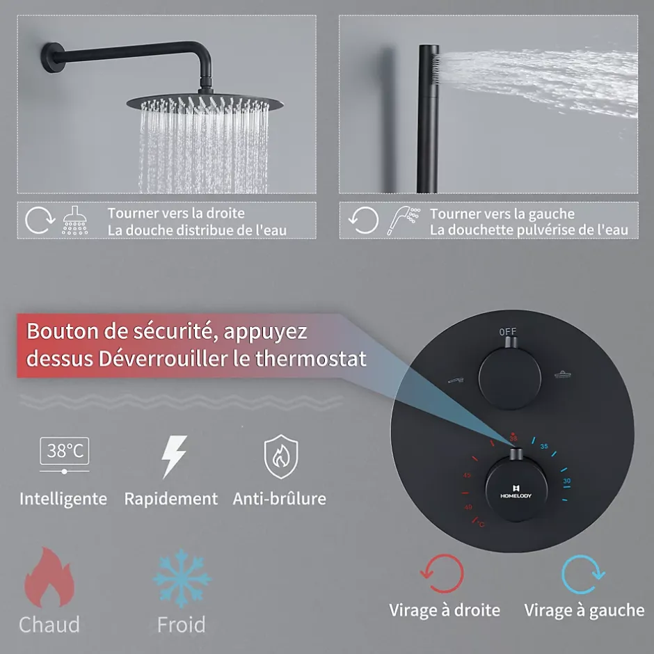Homelody Encastré Ensemble de Douche Thermostatique Colonne de Douche Noir Système de douche Corps en Laiton* Colonne De Douche Encastrable