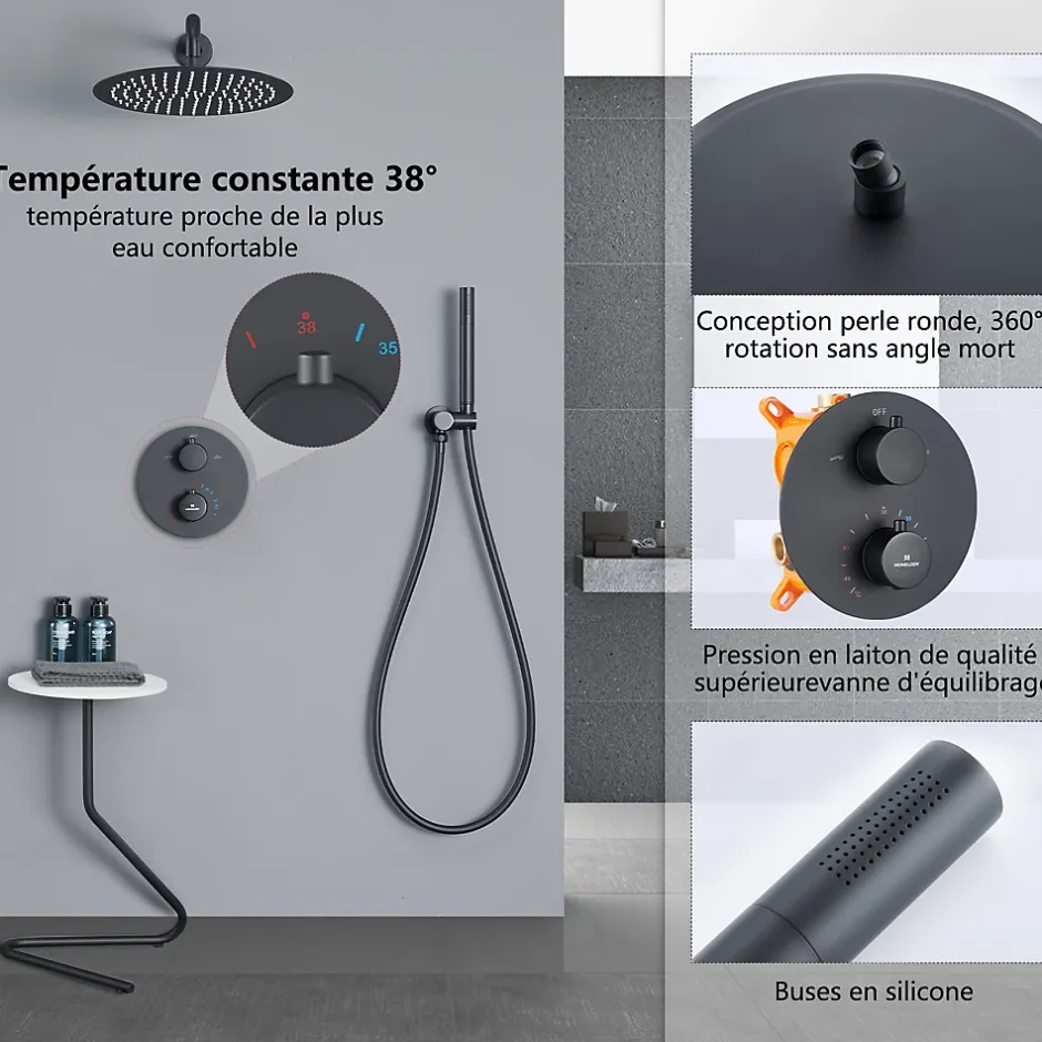 Homelody Encastré Ensemble de Douche Thermostatique Colonne de Douche Noir Système de douche Corps en Laiton* Colonne De Douche Encastrable