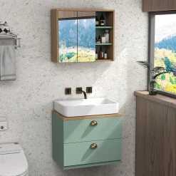 kleankin Ensemble 2 meubles salle de bain - meuble sous-vasque suspendu, armoire murale miroir - aspect bois clair vert
