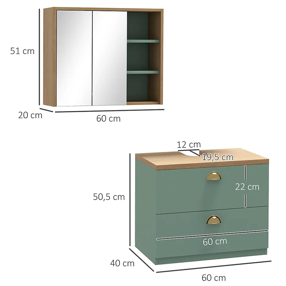kleankin Ensemble 2 meubles salle de bain - meuble sous-vasque suspendu, armoire murale miroir - aspect bois clair vert