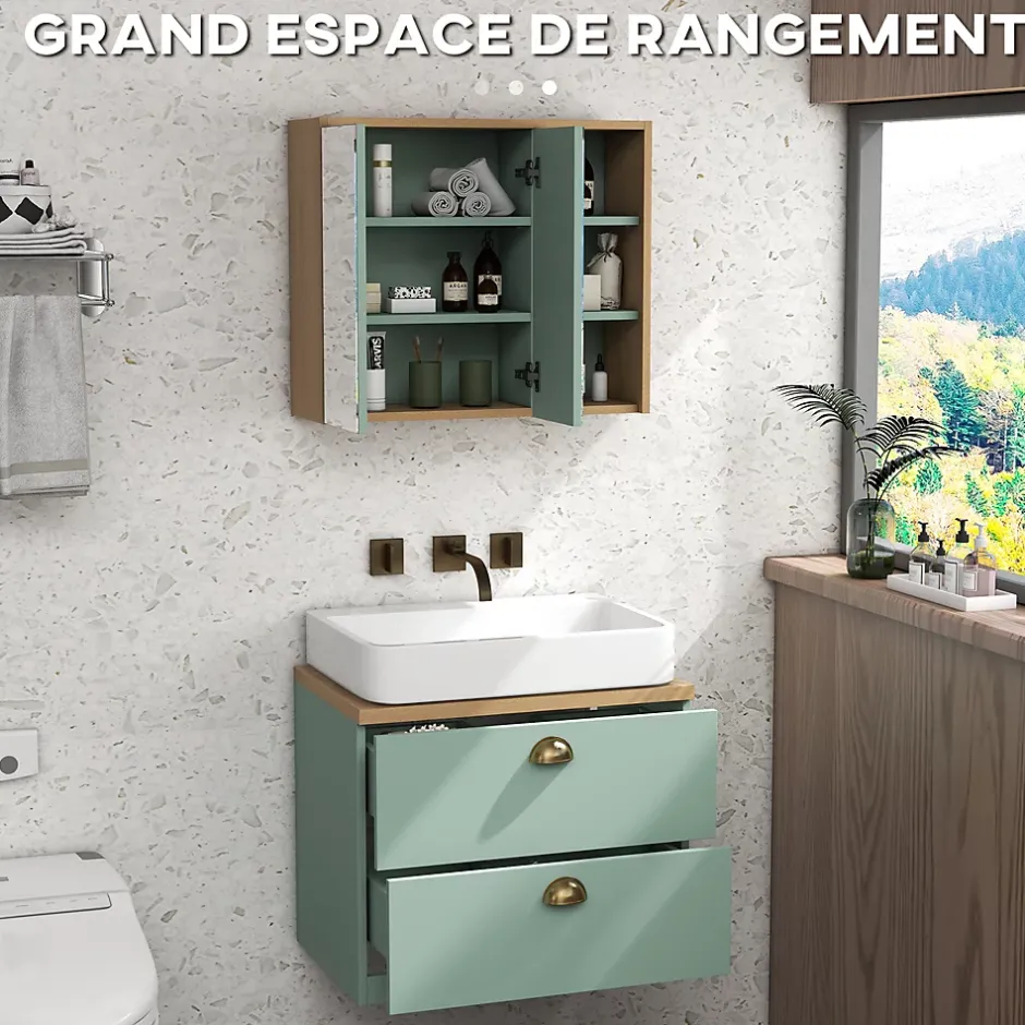 kleankin Ensemble 2 meubles salle de bain - meuble sous-vasque suspendu, armoire murale miroir - aspect bois clair vert