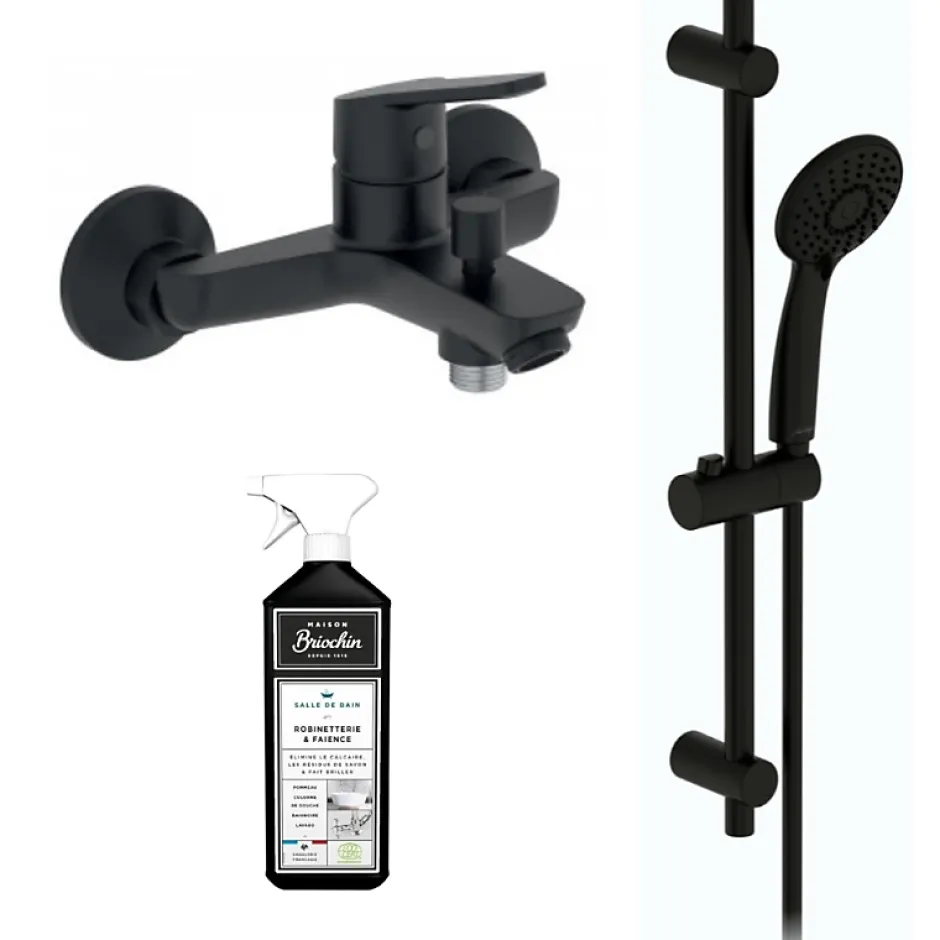 Jacob Delafon Ensemble bain douche avec mitigeur mécanique mural Aimé noir + nettoyant
