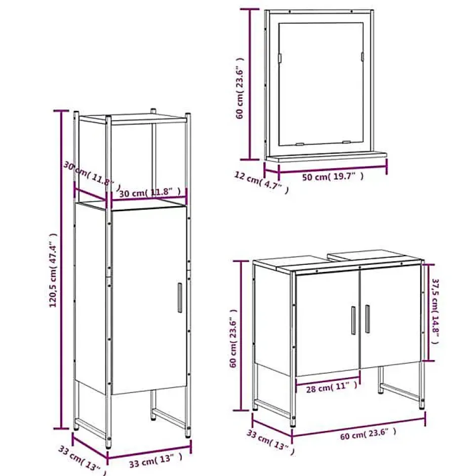 Vidaxl Ensemble d'armoires de salle de bain 3 pcs sonoma gris