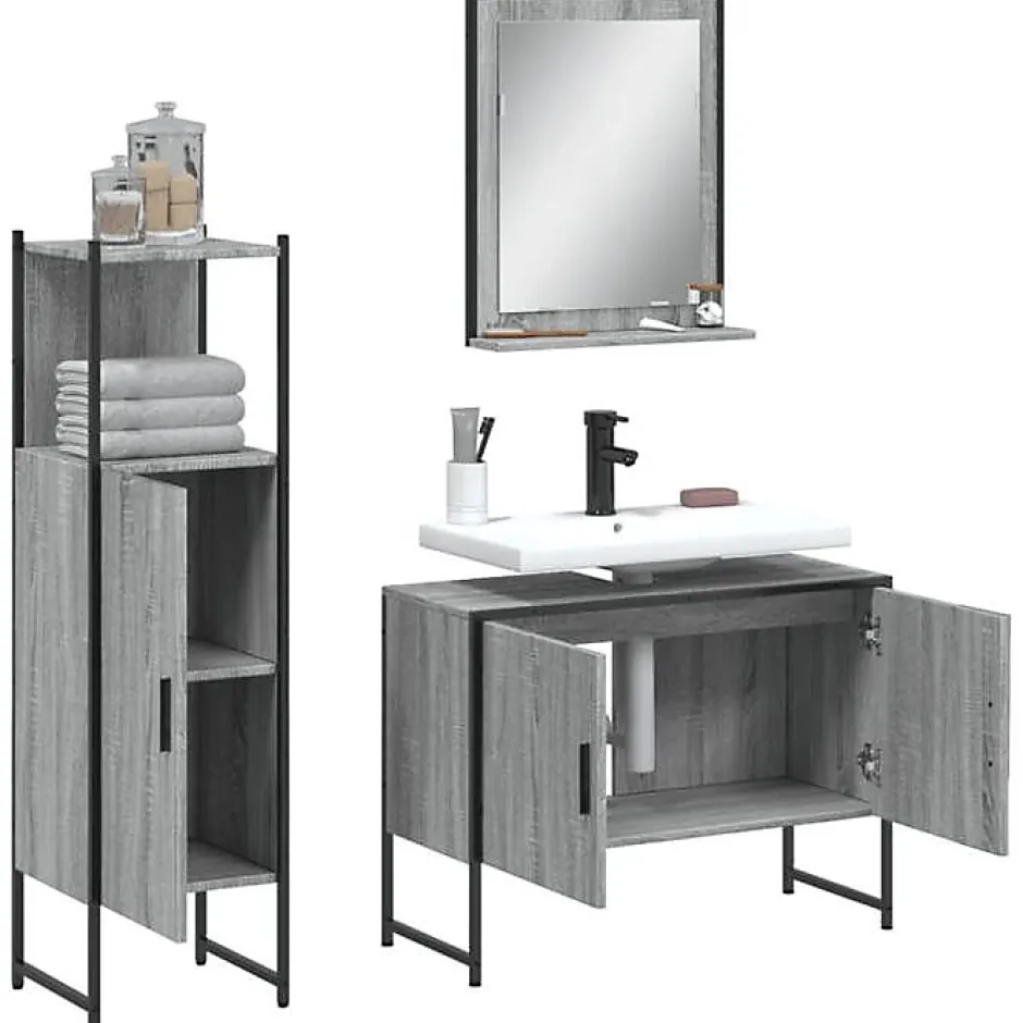 Vidaxl Ensemble d'armoires de salle de bain 3 pcs sonoma gris