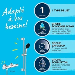 Grohe Ensemble de douche avec mitigeur thermostatique, pommeau 1 jet, barre 60cm et flexible - 34597001 - Economie d'eau - Chrom* Pommeau De Douche, Flexible Et Barre De Douche