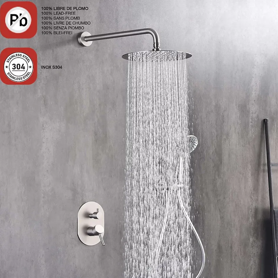 Poalgi Ensemble de douche encastré mécanique 2 voies SKY BATH nickel brossé Inox S304 série SOUL