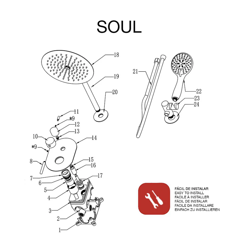 Poalgi Ensemble de douche encastré mécanique 2 voies SKY BATH nickel brossé Inox S304 série SOUL