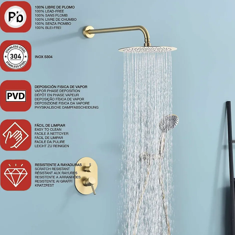 Poalgi Ensemble de douche encastré mécanique 2 voies SKY BATH or brossé PVD Inox S304 série SOUL