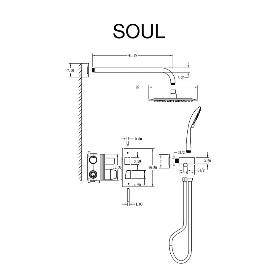 Poalgi Ensemble de douche encastré mécanique 2 voies SKY BATH or brossé PVD Inox S304 série SOUL