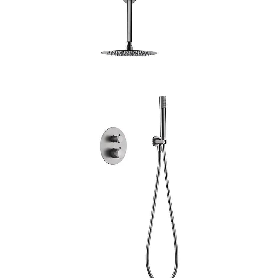 Imex Products Ensemble de douche Plafond TOUCHER à encastrer - Mitigeur thermostatique Nickel brossé Ensemble encastré douchette + tête de douc* Colonne De Douche Encastrable