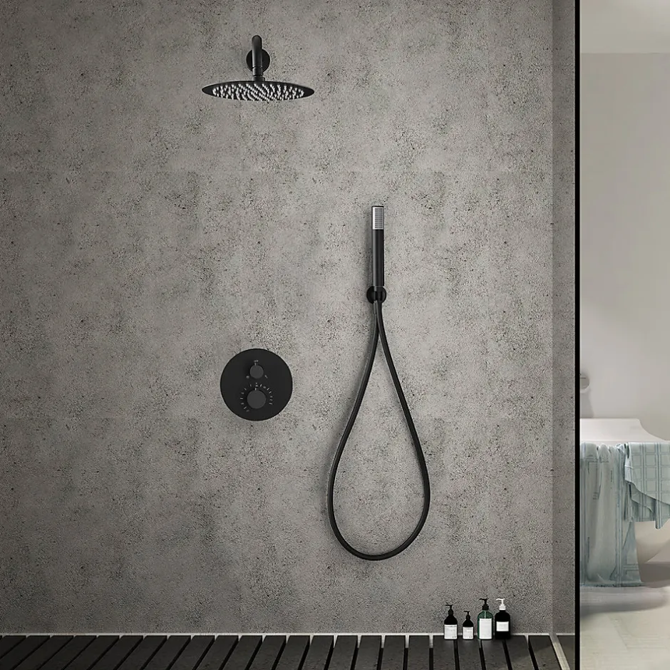 Imex Products Ensemble de douche TOUCHER à encastrer - Mitigeur thermostatique Noir (mat) Ensemble encastré douchette + tête de douche