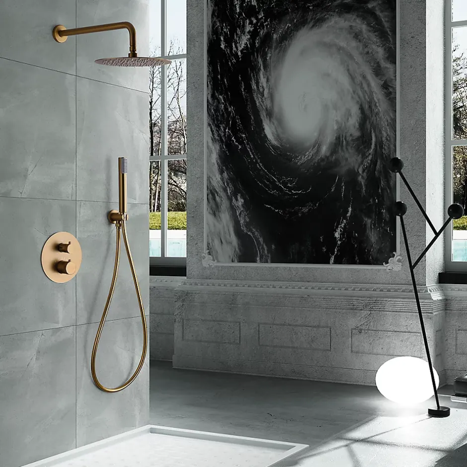 Imex Products Ensemble de douche TOUCHER à encastrer - Mitigeur thermostatique Or brossé Ensemble encastré douchette + tête de douche* Colonne De Douche Encastrable