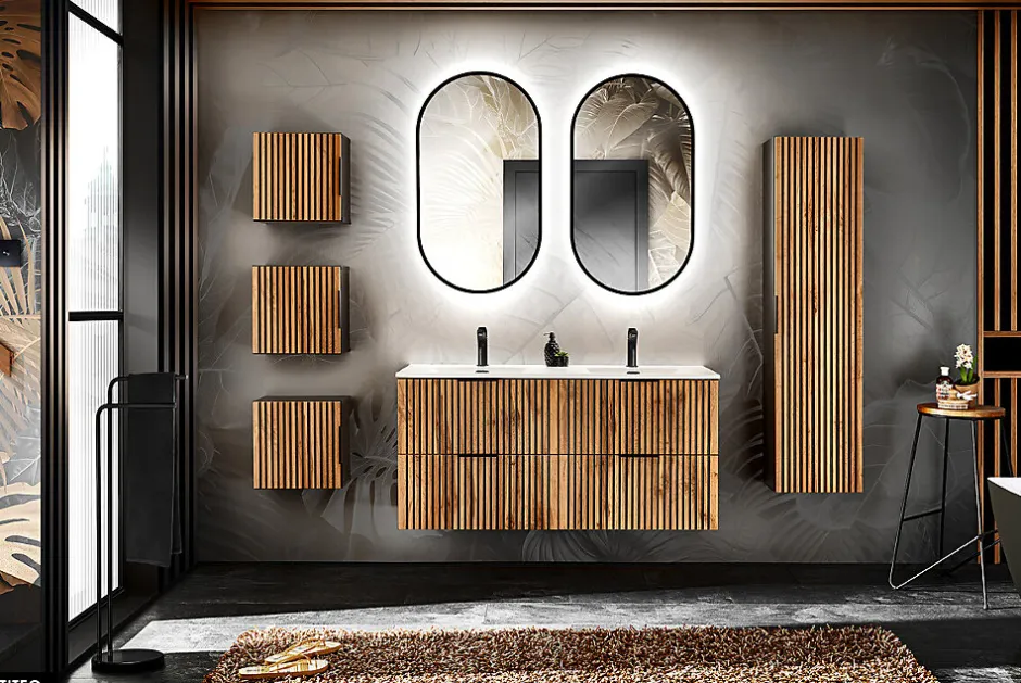 Otitec Ensemble de meubles sous vasque - 120 cm - avec Vasque - Cube et Colonnes - Miroirs LED - WOTANIA* Ensemble Meuble De Salle De Bains