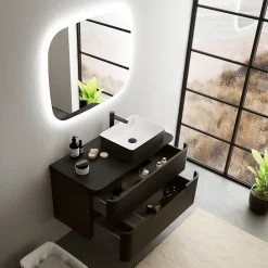 Ensemble de salle de bains L.104 cm meuble sous vasque version droite + plan de toilette noir mat, Alba* Meuble Buanderie