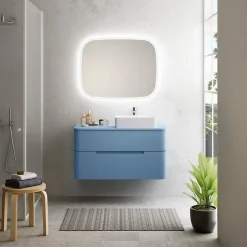 Ensemble de salle de bains L.104 cm meuble sous vasque version droite + plan de toilette bleu mat, Alba* Meuble Buanderie