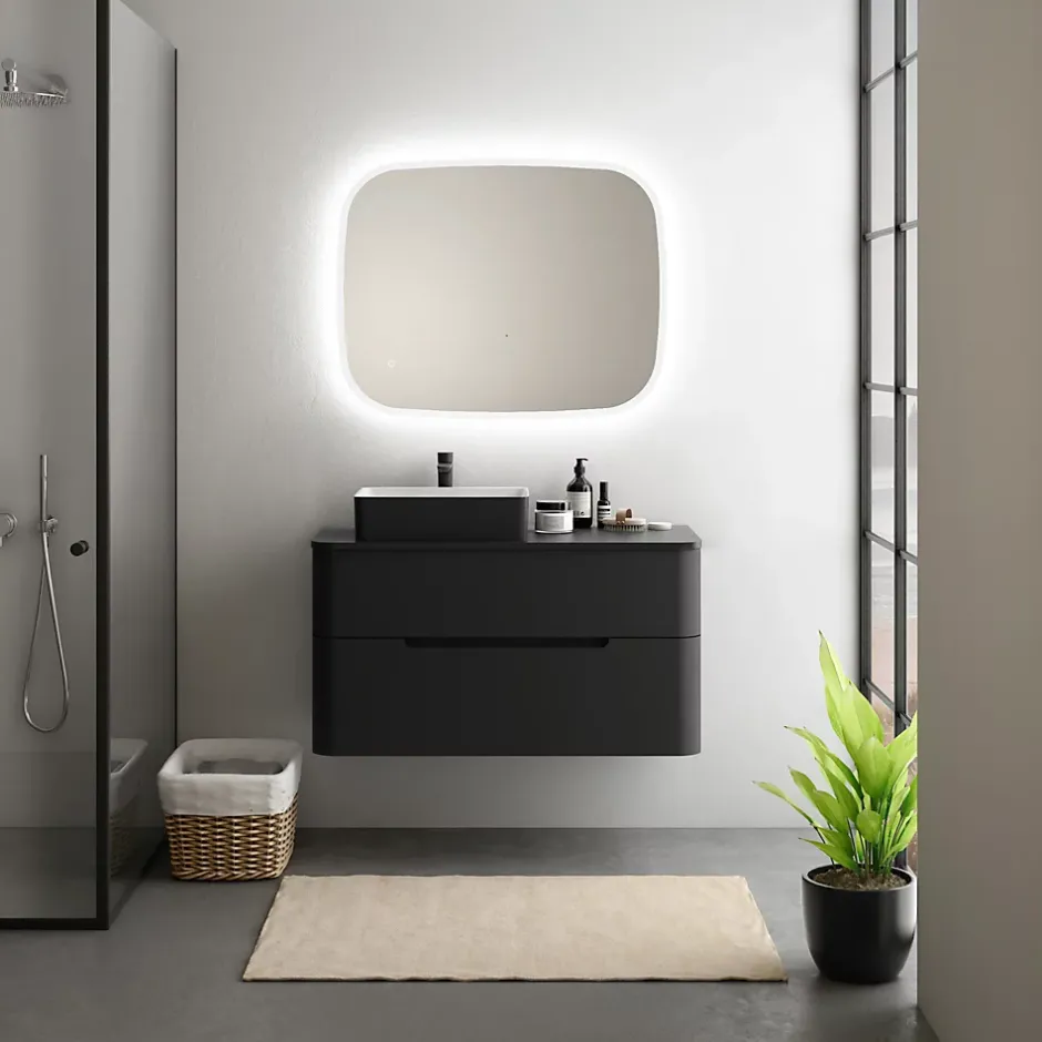 Ensemble de salle de bains L.104 cm meuble sous vasque version gauche + plan de toilette noir mat, Alba* Meuble Buanderie