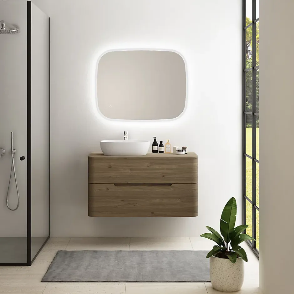 Ensemble de salle de bains L.104 cm meuble sous vasque version gauche + plan de toilette décor noyer, Alba