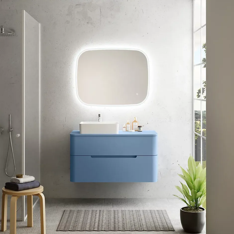 Ensemble de salle de bains L.104 cm meuble sous vasque version gauche + plan de toilette bleu mat, Alba