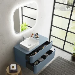 Ensemble de salle de bains L.104 cm meuble sous vasque version gauche + plan de toilette bleu mat, Alba