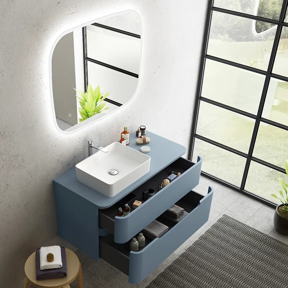 Ensemble de salle de bains L.104 cm meuble sous vasque version gauche + plan de toilette bleu mat, Alba