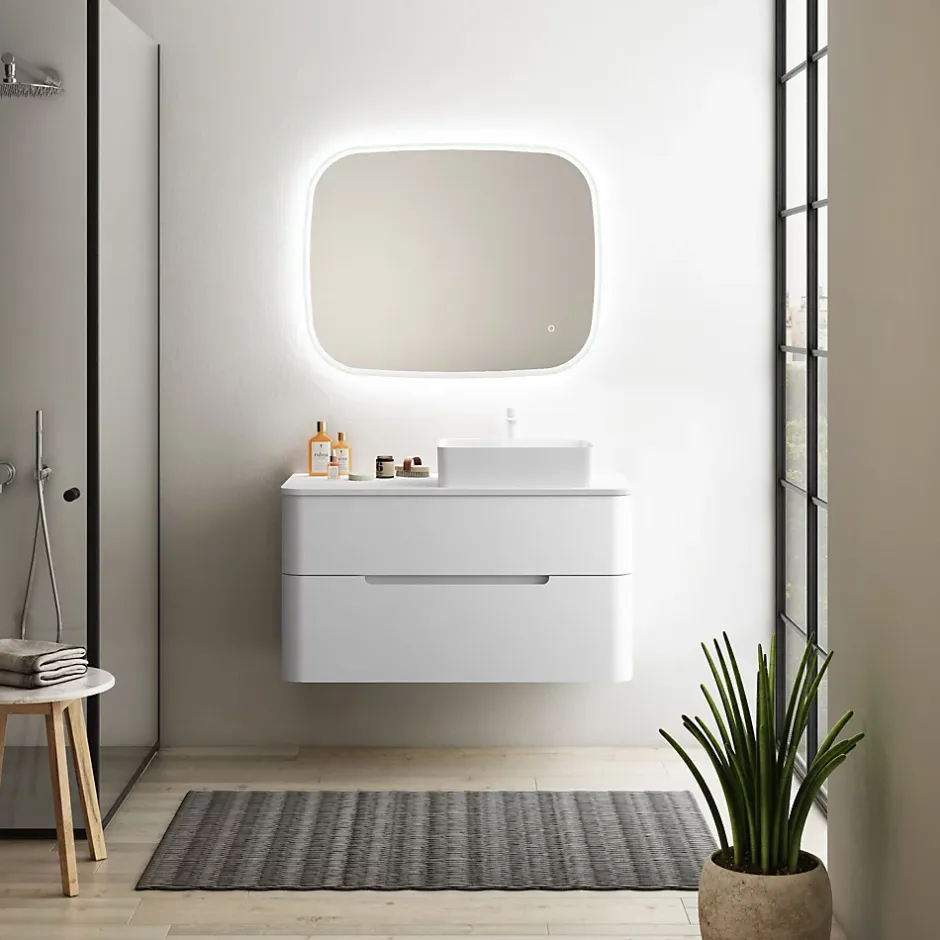 Ensemble de salle de bains L.104 cm meuble sous vasque version droite + plan de toilette blanc mat, Alba