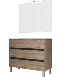 Mennza Ensemble de salle de bain meuble 100cm STAY THREE EDGE bois clair - Vasque - Miroir - Applique