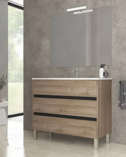 Mennza Ensemble de salle de bain meuble 100cm STAY THREE EDGE bois clair - Vasque - Miroir - Applique