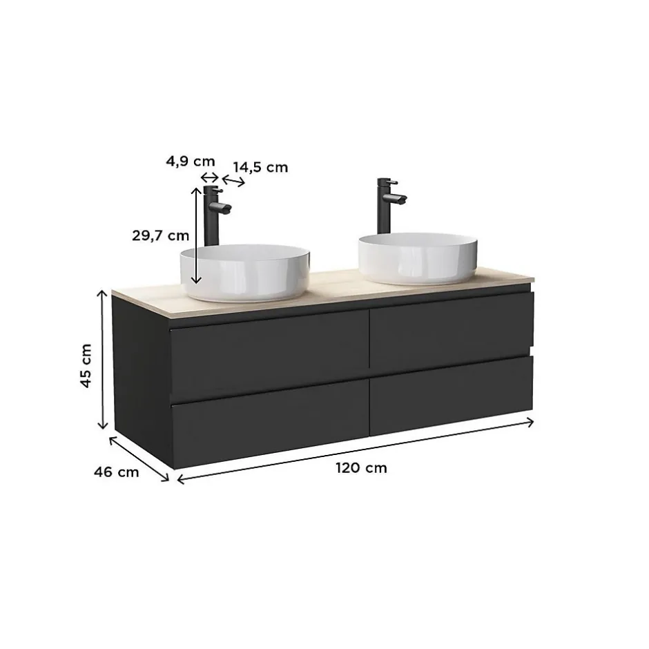 Mob-In Ensemble double vasque suspendu SORRENTO avec vasques et robinets 120 cm* Ensemble Meuble De Salle De Bains