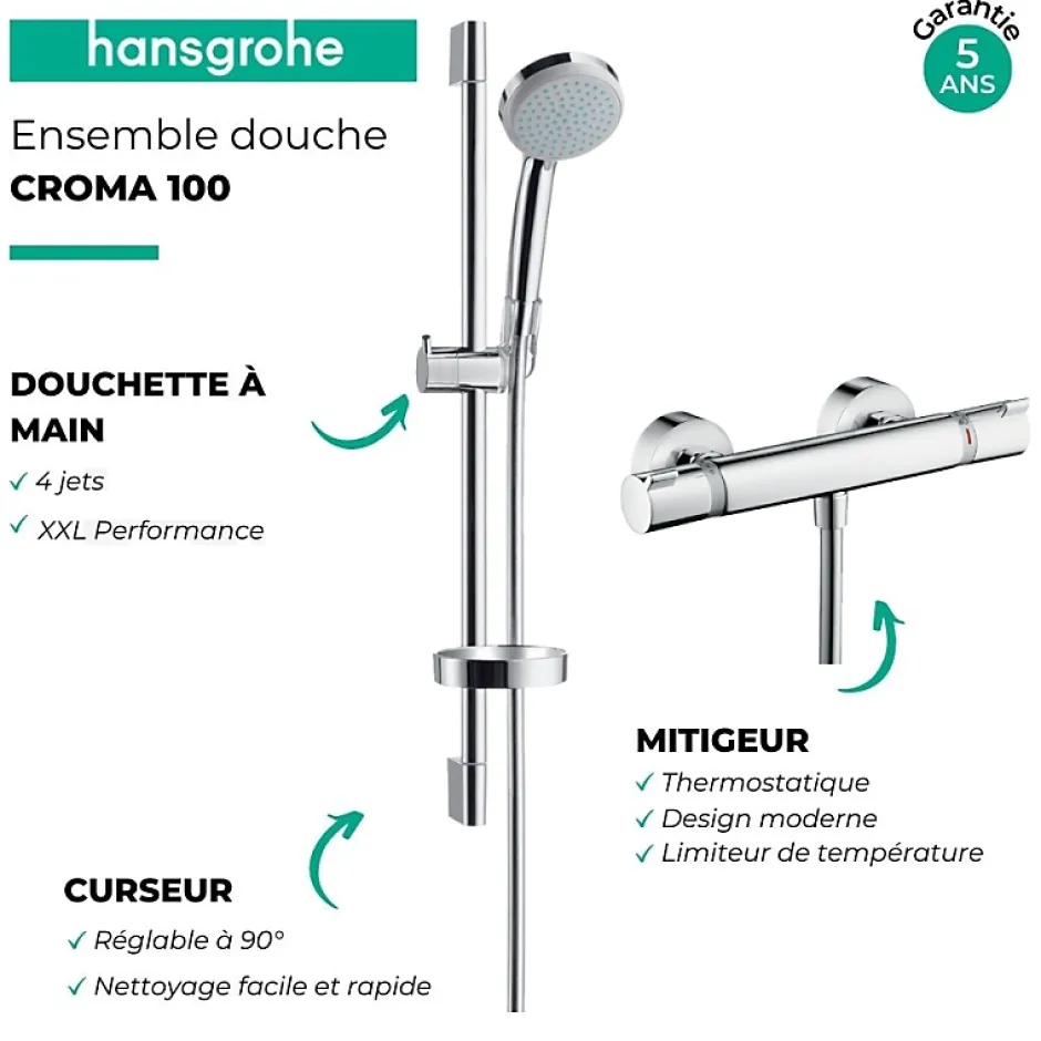 Hansgrohe Ensemble douche Croma 100 + mitigeur thermostatique Ecostat Comfort + Barre de douche 65 cm