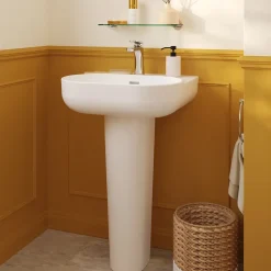 GoodHome Ensemble lavabo et colonne en céramique blanc Cavally* Lavabo