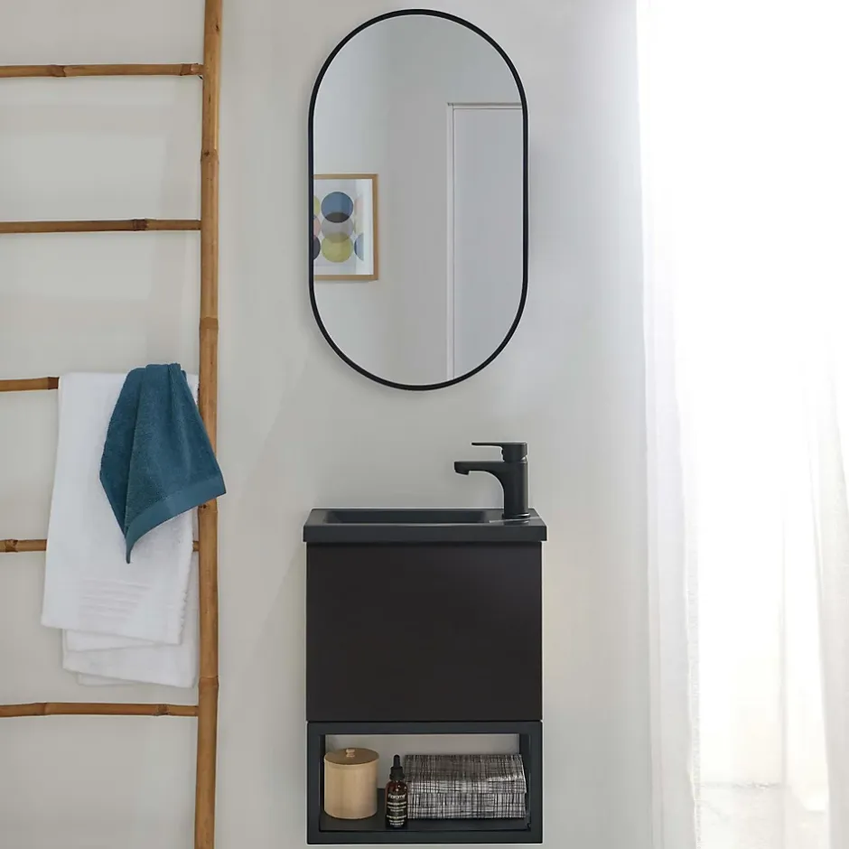 Mob-In Ensemble lave-mains NOVA métal et bois avec robinet noir et miroir ovale* Lave-Mains
