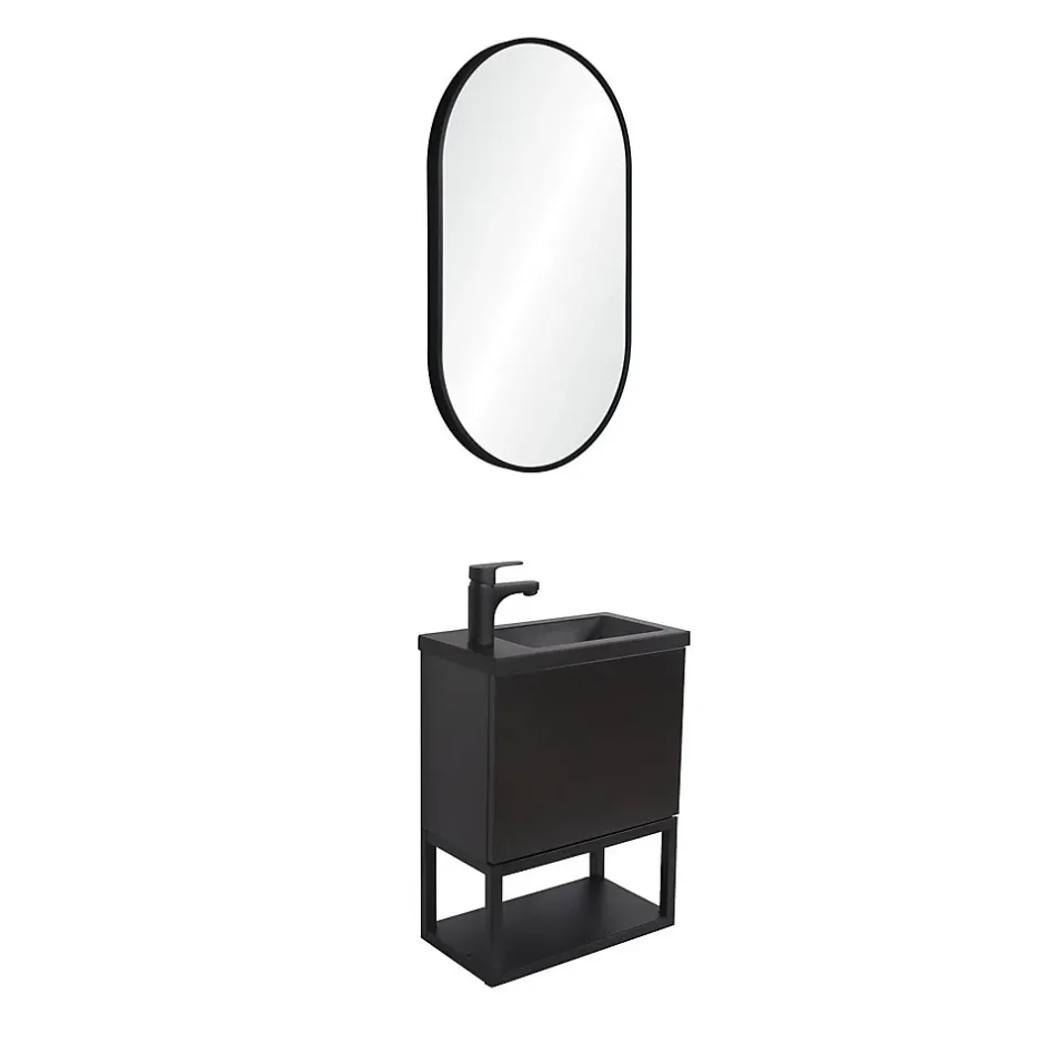 Mob-In Ensemble lave-mains NOVA métal et bois avec robinet noir et miroir ovale* Lave-Mains